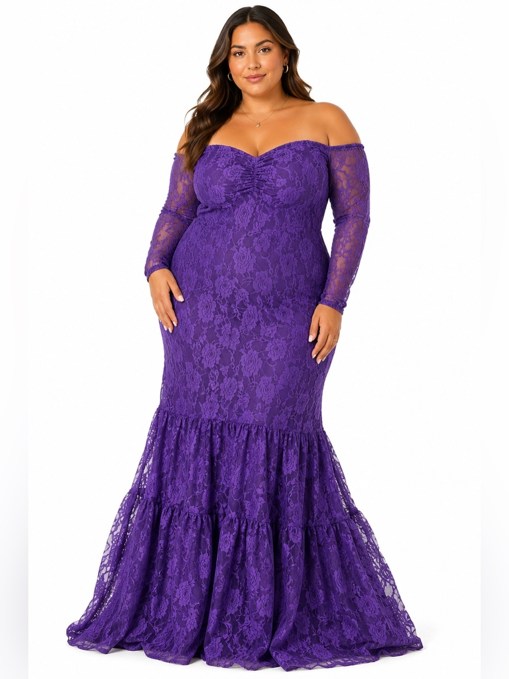 Y2K Vintage Lace Mermaid Maxi Dress Fishtail Hem (Purple) Size 1X